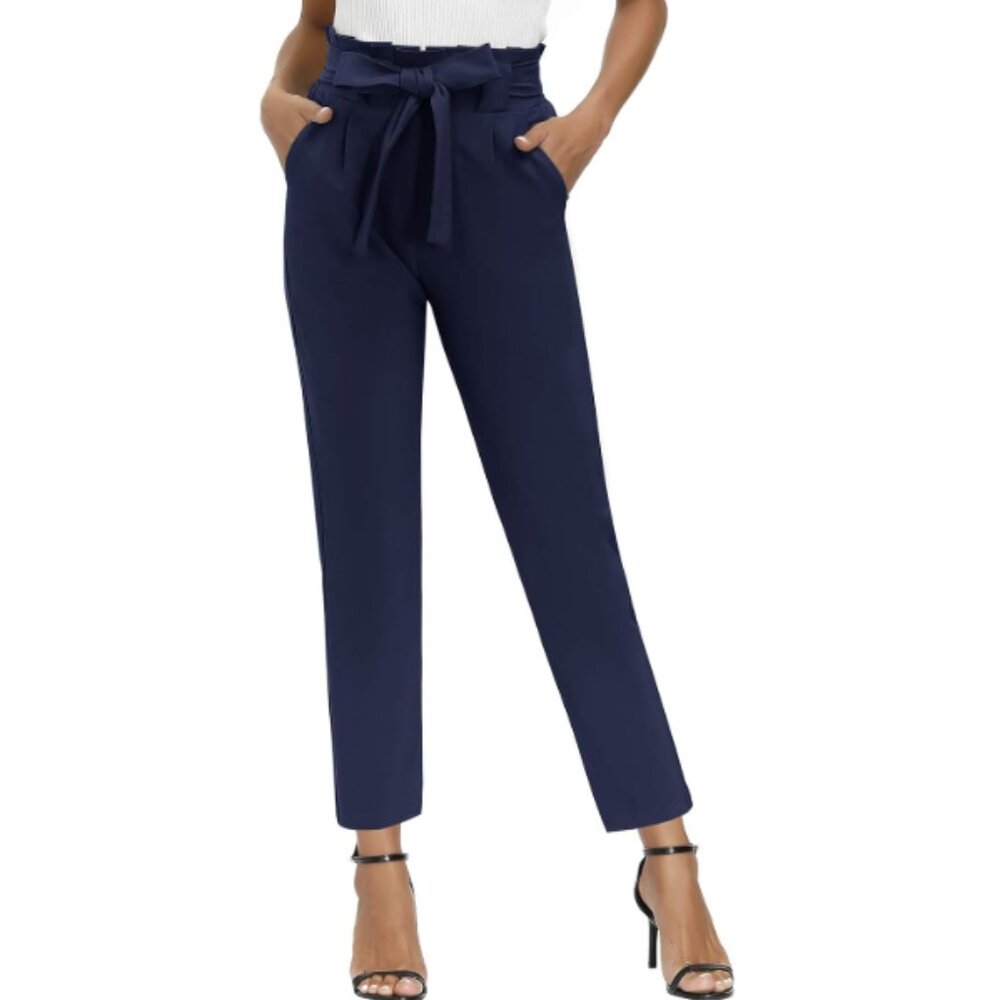 Brandy Blu Slim Fit Navy Paper Bag High Waisted Pants with Tie Front Size M